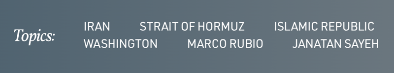 FDD’s Topics links use white text on a blue-gray background. Links include Iran, Strait of Hormuz, Islamic Republic, Washington, Marco Rubio, and Janatan Sayeh.