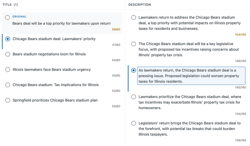 Original WordPress title and description options. The original headline remains available, a 47-character search title is selected, and the chosen description contains 145 characters.