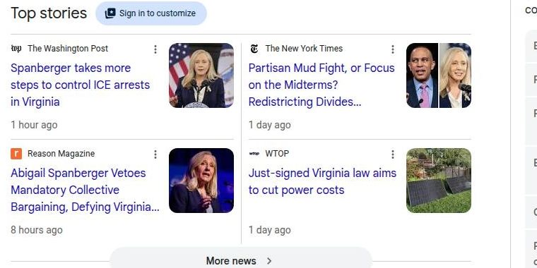 Reason Magazine in Google Top Stories for abigail spanberger on May 23, 2026, alongside The Washington Post, The New York Times, and WTOP.