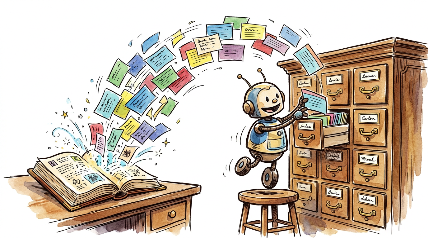 A robot representing TopicalBoost ascribing topics to a creative work.