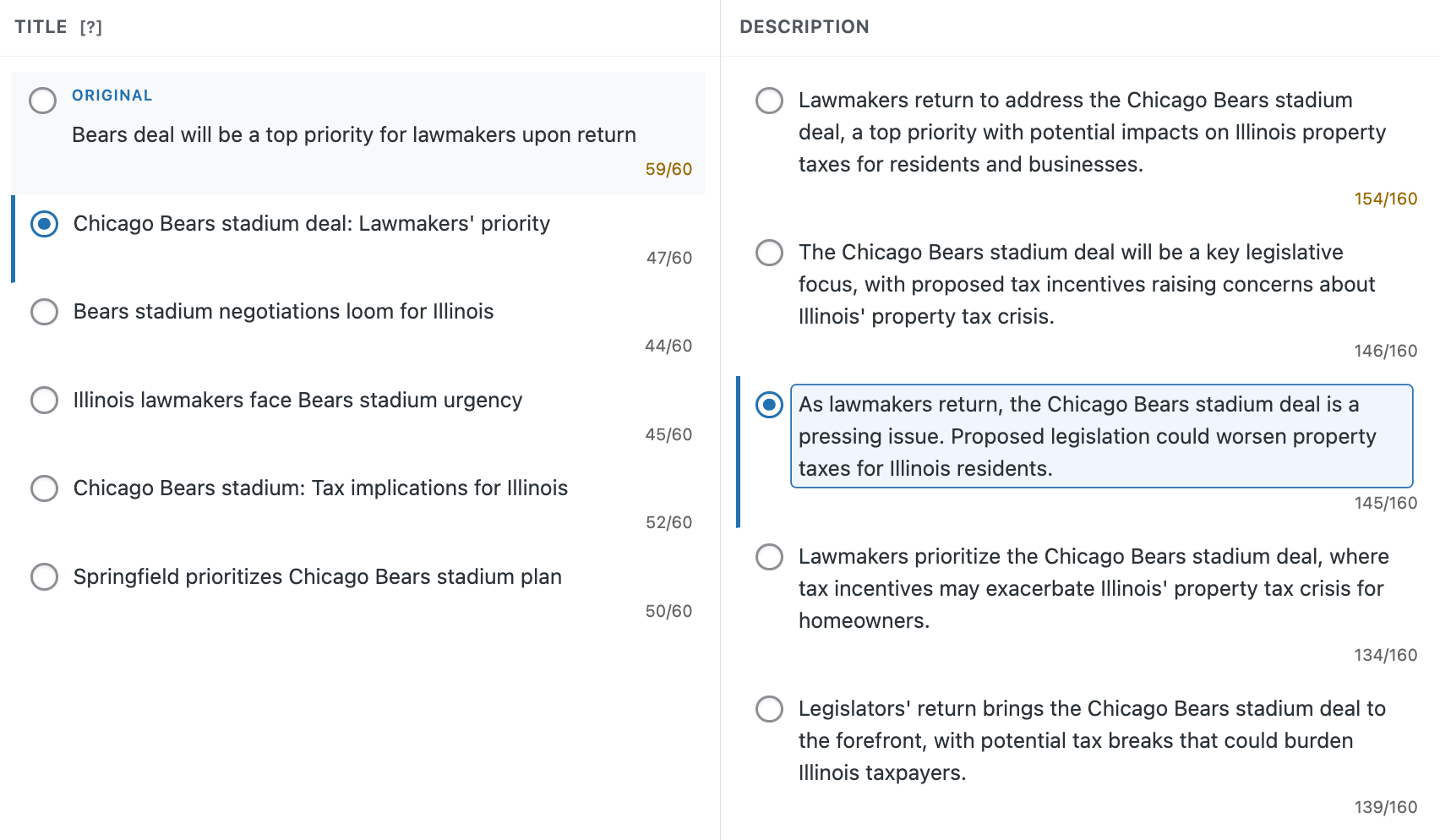 AI-generated title tag and meta description options